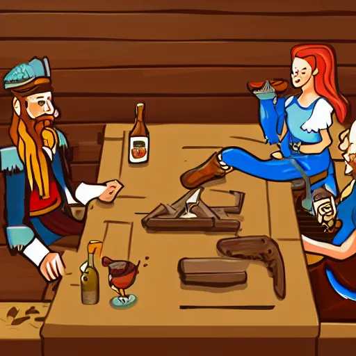 Image similar to Three important pirates drinking grog in a tavern table 16 bit computer art