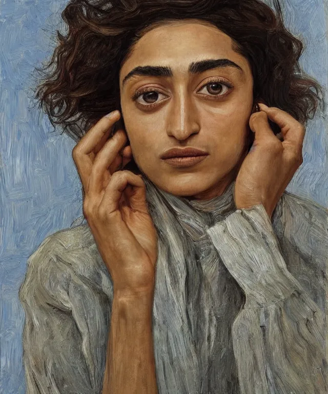 Image similar to realistic portrait of golshifteh farahani, painted by lucian freud, high quality, high detail