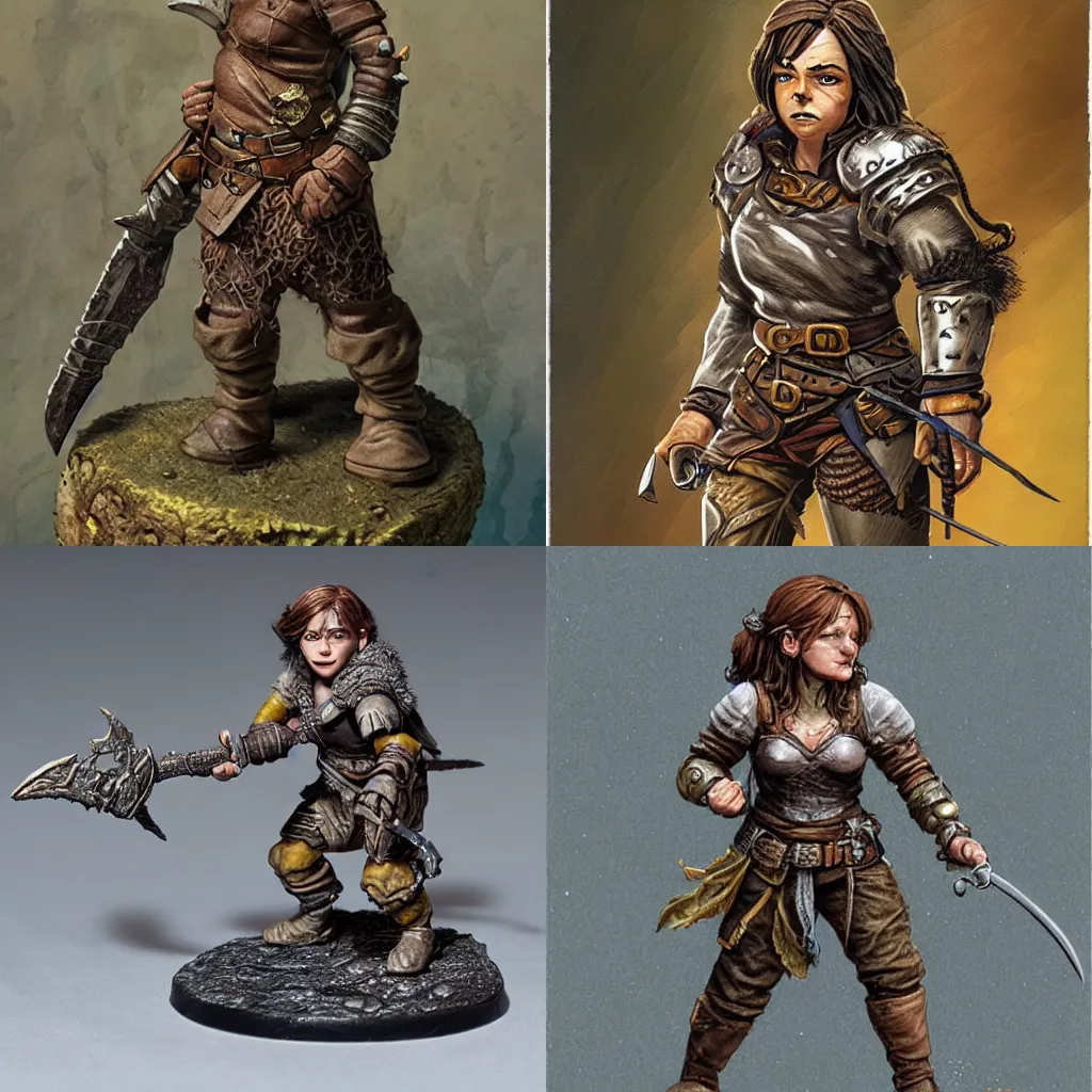 Prompt: fantasy character. halfling. female. rogue. weathered. cynical. art by keith parkinson. highly detailed.