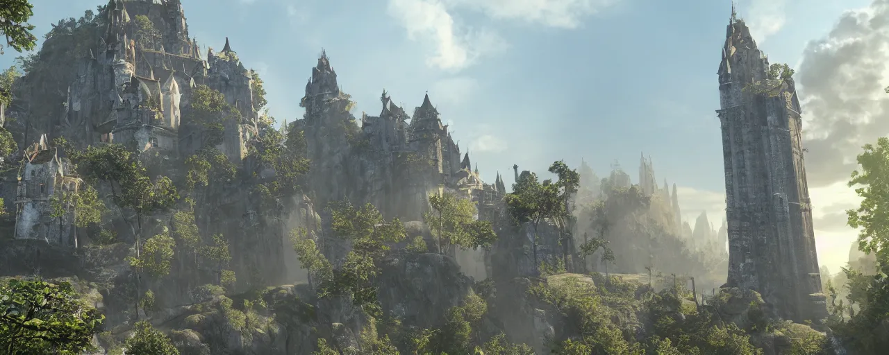 Prompt: white monastery with large tower upon sheer lime cliffs, a ray of sun illuminating, unreal engine 5, high fantasy, extremely detailed