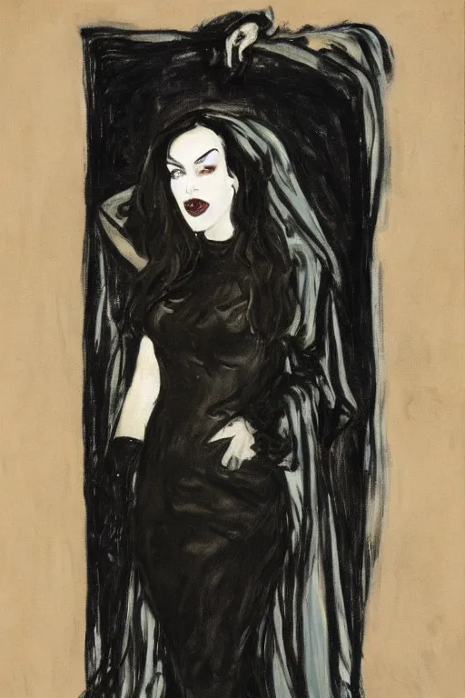 Image similar to portrait of megan fox morticia addams as death of the endless, the sandman by walter sickert, john singer sargent, and william open