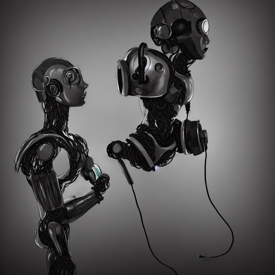 Image similar to robot with a headphone by ben templesmith, dynamic lighting, cinematic, epic composition, masterpiece