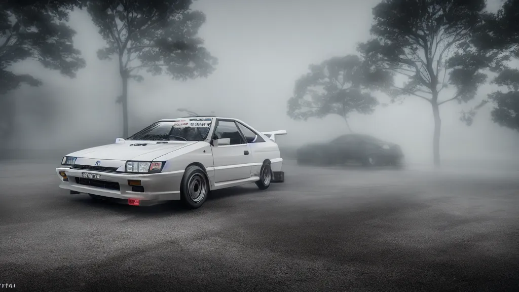 Image similar to toyota sprinter trueno 3 door gt - apex with popup headlights, cinematic, nikon d 7 5 0, long exposure, white balance, 8 k, led, lumen global illumination, fog, ray tracing reflections, fxaa, rtx, post - production