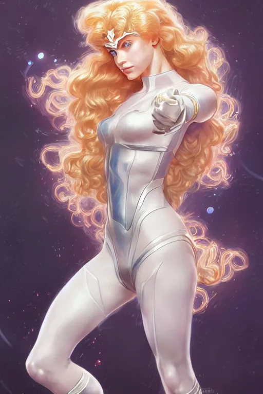 Prompt: genetically augmented super soldier Sailor Moon as a male, pale skin curly blond hair, fantasy, intricate, elegant, highly detailed, digital painting, artstation, concept art, matte, sharp focus, illustration, art by Artgerm and Greg Rutkowski and Alphonse Mucha