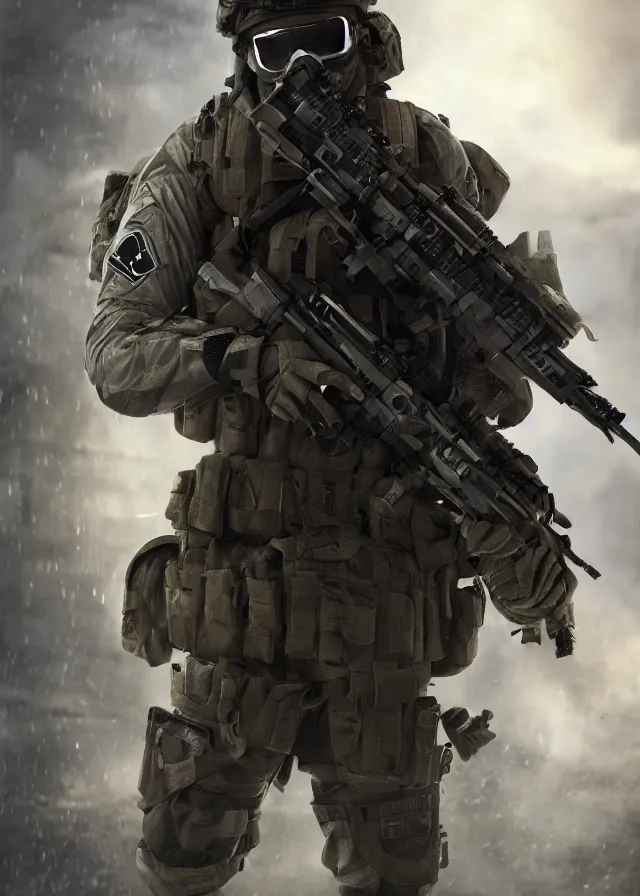 Prompt: special forces soldier in a acronym suit, character concept art, hyperrealistic, aaron beck concept, call of duty, battlefield, octane render, photo realistic