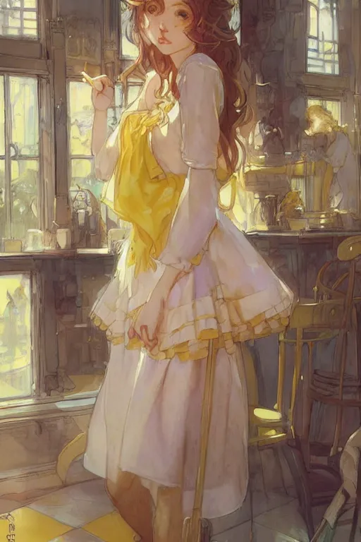 Image similar to A girl in a maid's outfit in a cafe a afternoon, wavy hair yellow theme,S line,45 angel by krenz cushart and mucha and slop and greg rutkowski