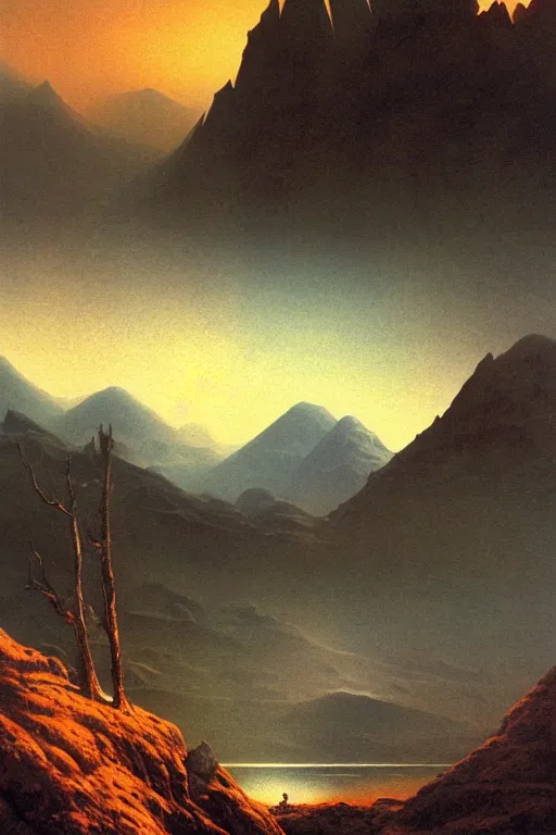 Image similar to a hyper realistic mountain scape scene by arthur haas and bruce pennington and john schoenherr, cinematic matte painting, dark moody color palate,