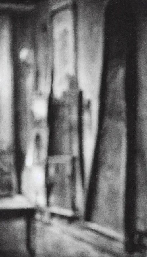 Image similar to an object on display in an ethnographic museum, film still, cinematic, out of focus, enhanced, 1 9 2 0 s, black and white, grain