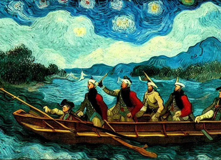 Image similar to Washington Crossing the Delaware, Dramatic Portrait Oil on Canvas, Heroic Patriotic Godd Bless America, Artwork by Vincent van Gogh