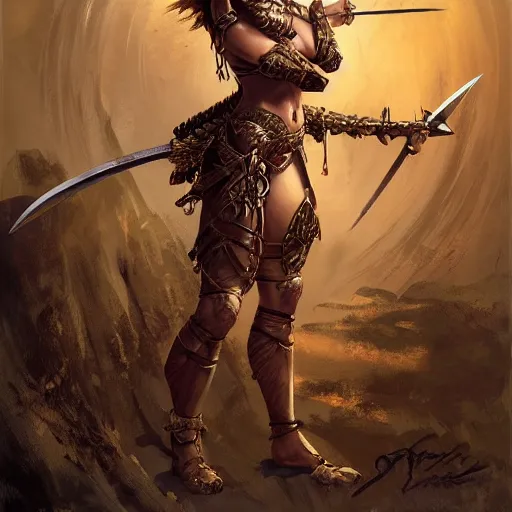 Image similar to warrior princess character portrait by frank frazetta - wearing ornate armor, holding a spear, striking a pose, fantasy, dungeons & dragons, sharp focus, beautiful, artstation contest winner, detailed