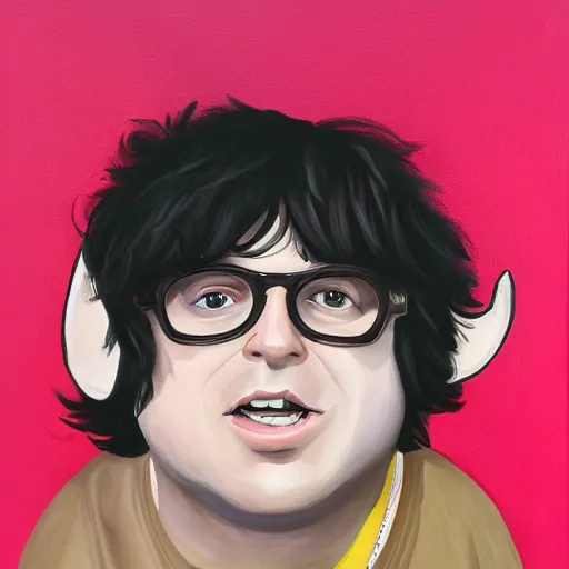 Image similar to andy milonakis as a goat, goat body, human head, anthropomorphic, 4 k, painting, cartoon high details