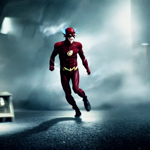 Image similar to film still of the flash exiting the tardis, directed by zach snyder