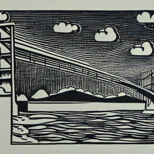 Image similar to small steel suspension bridge built in 1 9 2 8, side view, puffy clouds in background, dooby is flying in the sky, woodcut style, rubber stamp, 8 k