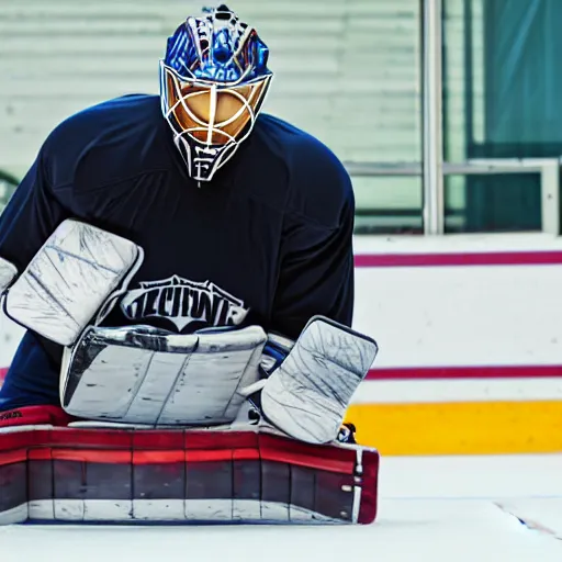 Image similar to ice hockey goalie playing on his ipad