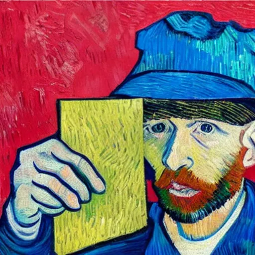 Image similar to oil painting of a man with construction hat holding a package in warehouse in the style of vincent van gogh