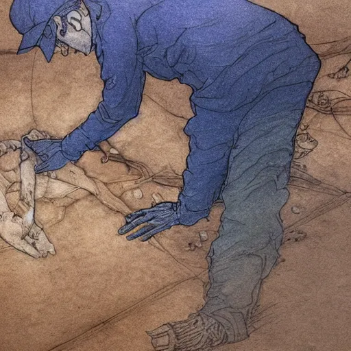 Image similar to a man digging up a dead body, subtle blue, orange, and dark green tones, high quality, high detail, dark colors, sinister atmosphere, dramatic lighting, cinematic, establishing shot, extremely high detail, photo realistic, cinematic lighting, pen and ink, intricate line drawings, by Yoshitaka Amano, Ruan Jia, Kentaro Miura, Artgerm, post processed, concept art, artstation, matte painting, style by eddie mendoza, raphael lacoste, alex ross, album artwork