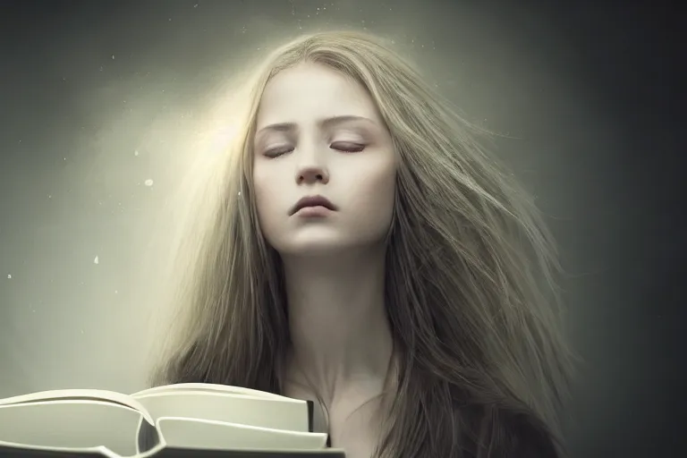 Image similar to an ultra realistic, cinematic, headshot portrait, of a girl reading a book, hair flowing down, facial features, detailed, deep focus, movie still, dramatic lighting, ray tracing, by michal karcz and yoshitaka amano