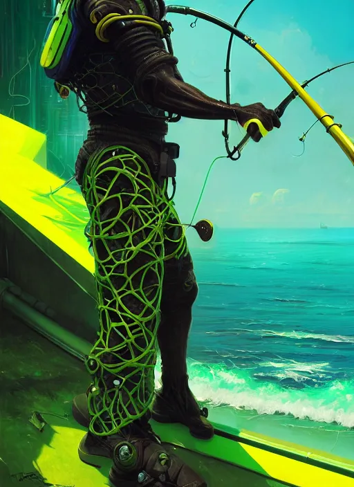 Prompt: portrait of a male jamaican fisherman sci - fi glowing fishing armor fishing rod cyberpunk muscular intricate elegant highly detailed digital painting artstation concept art, ocean background, yellow green black, cinematic, greg rutkowski, loish, rhads, ferdinand knab, makoto shinkai and lois van baarle, ilya kuvshinov, rossdraws, tom bagshaw