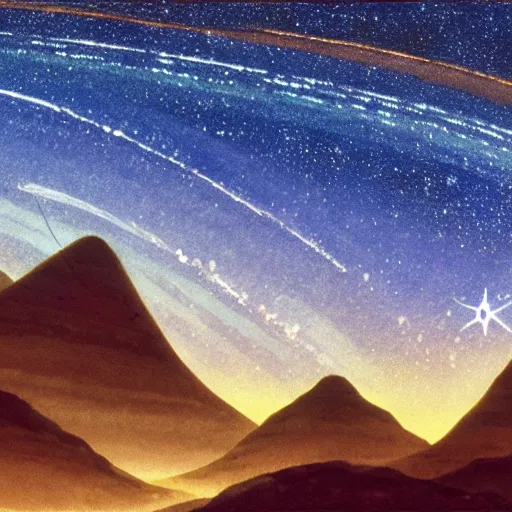 Image similar to a mountain with a star trail in the sky, a detailed matte painting by studio ghibli, cg society, symbolism, toonami, matte painting, reimagined by industrial light and magic