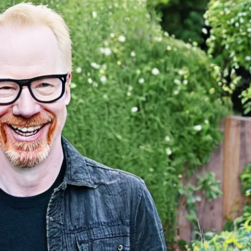 Image similar to professional photograph of Adam Savage smiling in a garden