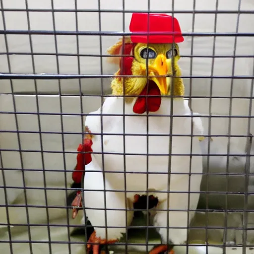 Prompt: chicken wearing as an inmate