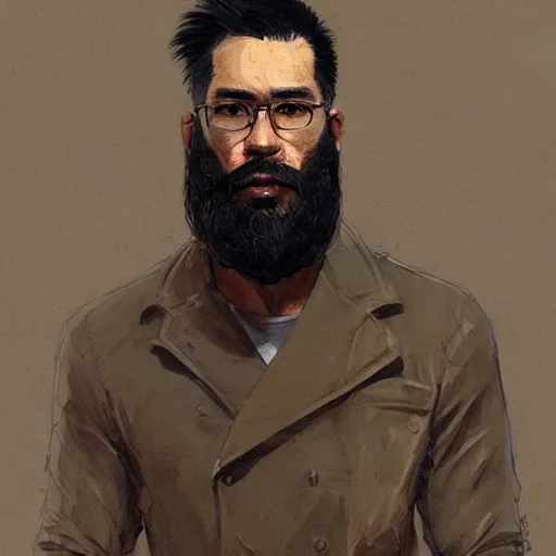 Image similar to portrait of a man by greg rutkowski, he is about 4 0 years old, mixture between vietnamese, persian and texan, bald with beard, very tall and slender, he is wearing a utilitarian jumpsuit, highly detailed portrait, digital painting, artstation, concept art, smooth, sharp foccus ilustration, artstation hq