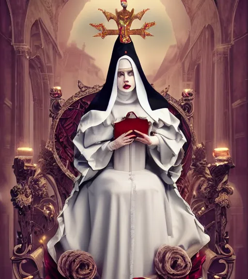 Prompt: beautiful female character inspired by venice carnival, christmas and nun | | digital artwork made by greg rutswork, anna dittmann, rosdraws and lois van barlee, symmetrical, anatomically correct, sitting on throne