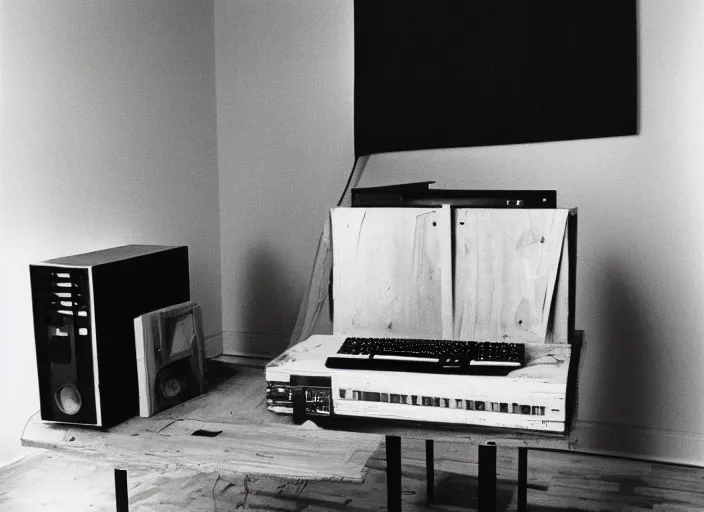 Image similar to realistic photo portrait of the a computer of wood, poorly designed in style of arte povera, fluxus, dadaism, joseph beuys, ugly made, levitating in the living room wooden walls 1 9 9 0, life magazine reportage photo