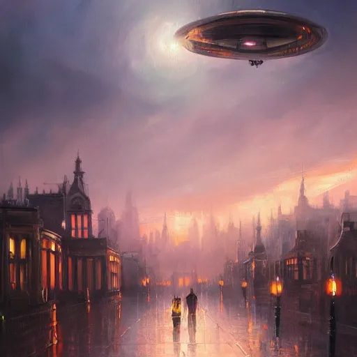 Image similar to a beautiful artwork painting of an alien mothership hovering above rainy victorian london at sunset, by andreas rocha, featured on artstation