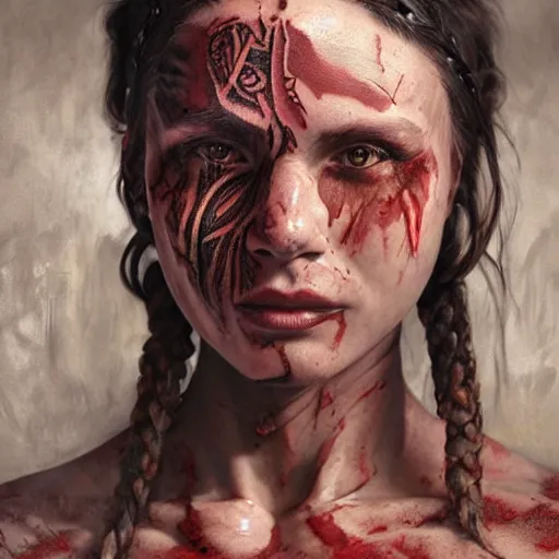 Prompt: zoomed out portrait painting of a muscular bloodied tribal girl butcher, tattooed, ultra realistic, concept art, intricate details, eerie, highly detailed, photorealistic, octane render, 8 k, unreal engine. art by artgerm and greg rutkowski and alphonse mucha