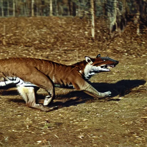 Image similar to dynamic photos of a tasmanian tiger, National Geographic animal pictures, sharp detail, shallow depth of field