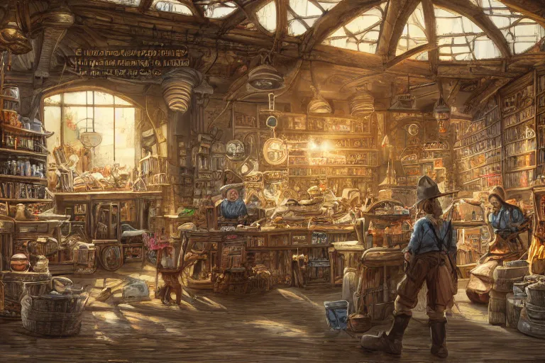 Prompt: A general goods store viewed from the inside, texture, intricate, details, highly detailed, masterpiece, architecture, building, trending on artstation, focus, sharp focus, concept art, digital painting, fantasy, sunny, day, midday, in the style of Dungeons and Dragons