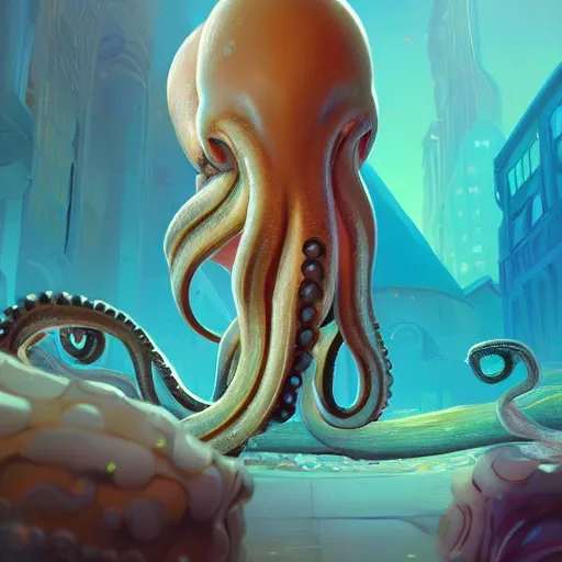 Image similar to Portrait of an antropomorphic octopus, mattepainting concept Blizzard pixar maya engine on stylized background splash comics global illumination lighting artstation lois van baarle, ilya kuvshinov, rossdraws