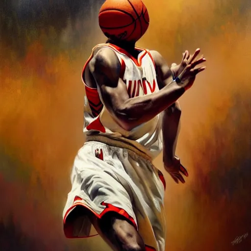 Image similar to A expressive oil painting of a basket ball player dunking, highly detailed, artstation, sharp focus, illustration, art by artgerm and greg rutkowski and alphonse mucha and leonardo da vinci