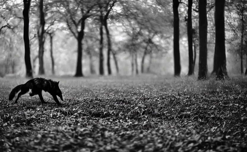 Prompt: giant black wolf sleeping, oak trees, epic scene, pinhole effect, analogue photo low quality, motion blur, unfocus focus, 35mm