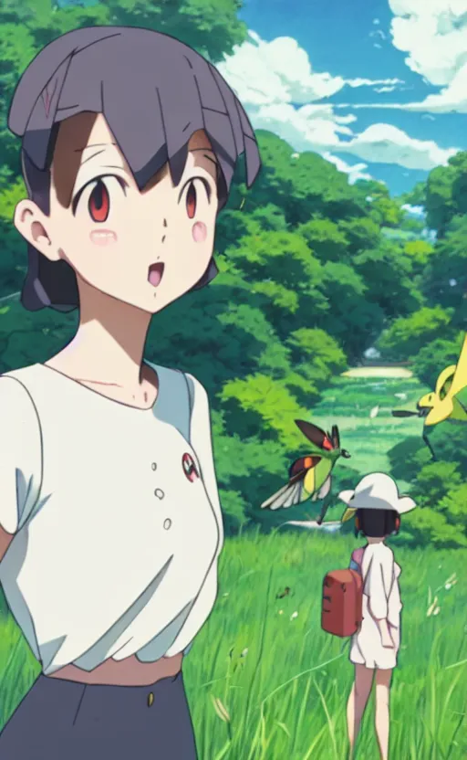 Prompt: a pokemon go card from 1 9 5 0, illustration, insect trainer girl, clear sky background, lush landscape, concept art, anime key visual, trending pixiv fanbox, by wlop and greg rutkowski and makoto shinkai and studio ghibli and kyoto animation, realistic anatomy, symmetrical facial features, short hair, hair down