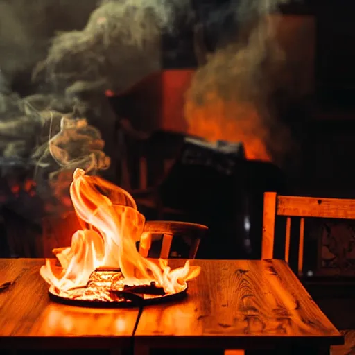 Prompt: a photograph of a room on fire, only remains a wooden table and a chair, an human-like relaxed dog sitting at this table, ☕ on the table, surrounded by flames, a lot of flames behind the dog, smoke under the ceiling