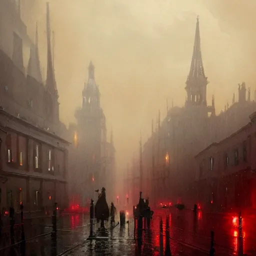 Prompt: A picture of victorian era london shrouded in mist, red moon above, raining, detailed, painted by Greg Rutkowski, trending on artstation