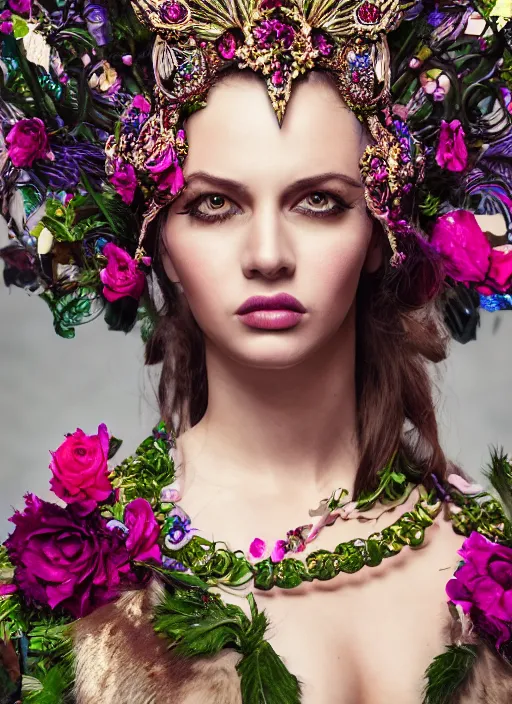 Image similar to full body environmental portrait photo of a young and beautiful female model, ornate headpiece made from flowers, ornaments, glamour shot by gemmy woud - binnendijk, chris knight, photorealistic, canon r 3, fashion photography, ornate, symmetrical features, octane render, unreal engine, solid dark background, clamp shell lighting, rim lighting