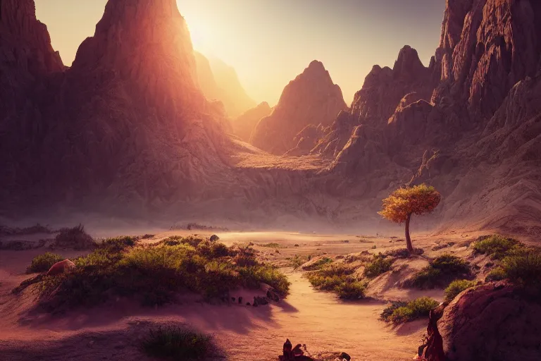 Prompt: oasis in the middle of a desert, dramatic, mid day, mountain background, large scale, hyperrealistic, lots of detail, realistic lighting, octane render, by wlop, artgerm, trending on artstation