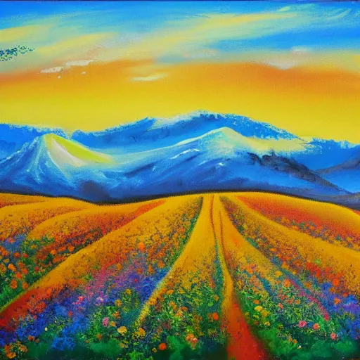 Image similar to paint acrylic a mountain with a three and a flowers field in autumn