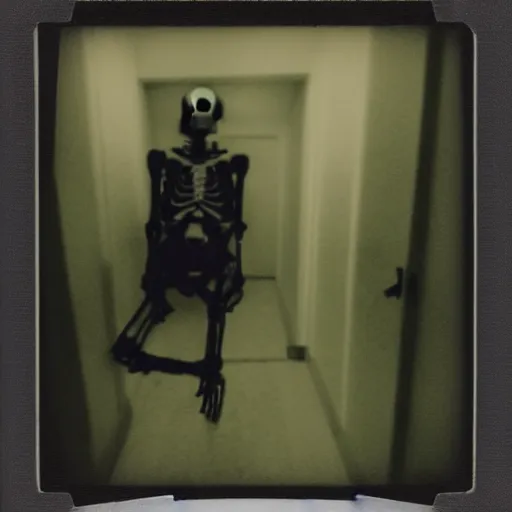 Image similar to A creepy polaroid photo of skeleton like billie eilish chasing you down a hallway with sharpy teeth