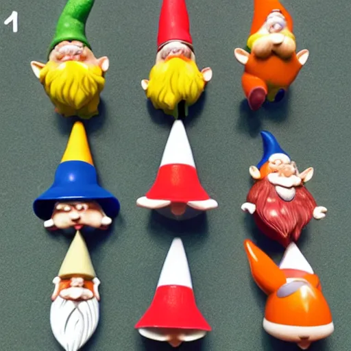 Prompt: Collection of gnomes from Kinder Surprise