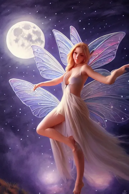 Image similar to attractive fairy magically floating high in the night, fantasy, full moon in background. highly detailed painting by artgerm, mid shot, 8 k