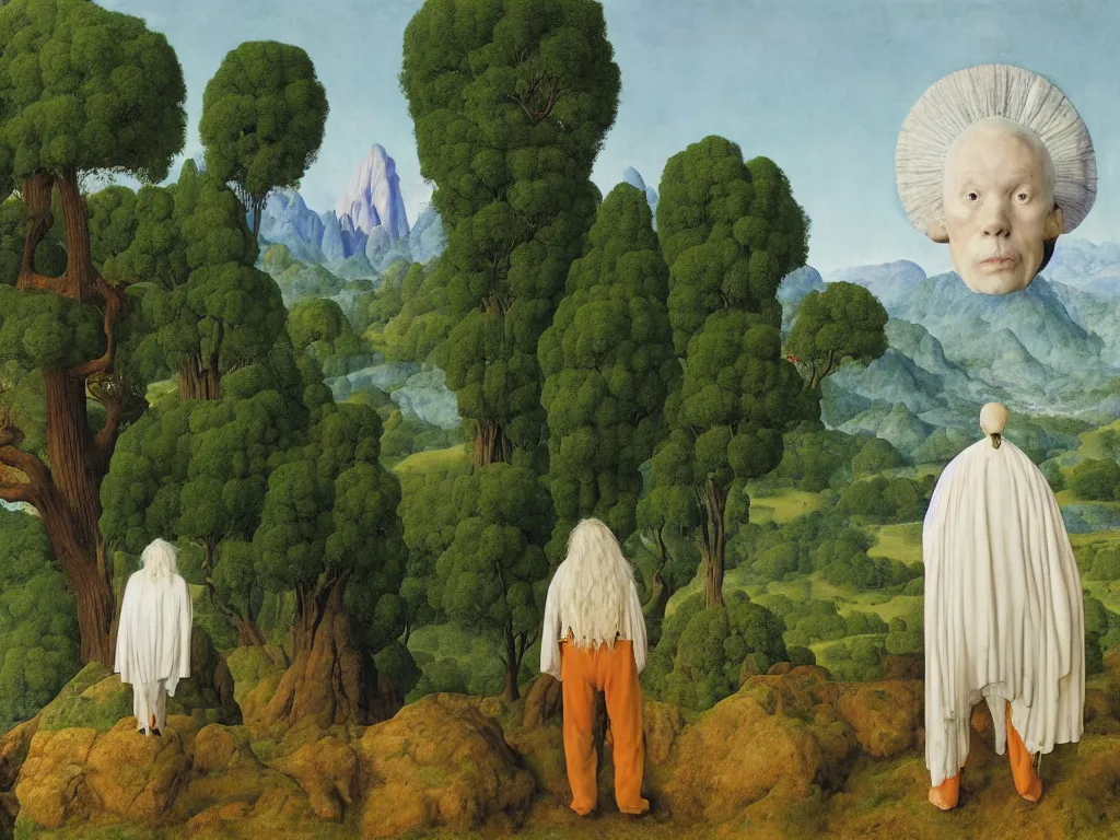 Prompt: albino mystic, with his back turned, with wild exotic Cabezon looking at a giant Sequoia forest in the distance. Painting by Jan van Eyck, Audubon, Rene Magritte, Agnes Pelton, Max Ernst, Walton Ford