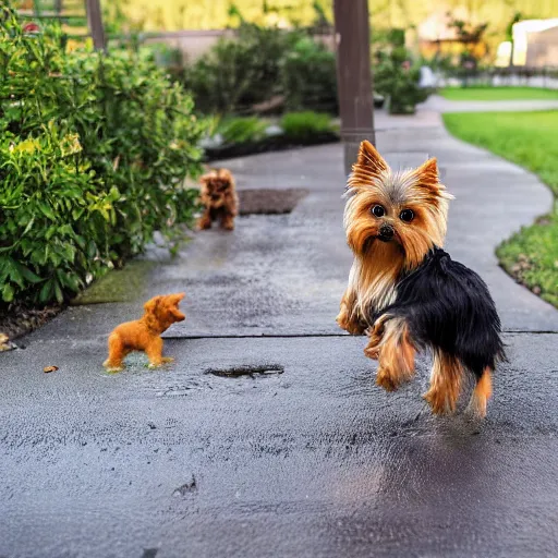 Image similar to a young yorkie dog, playing in the back yard after it rained on a cloudy day, and a kid running around with them, realistic photo