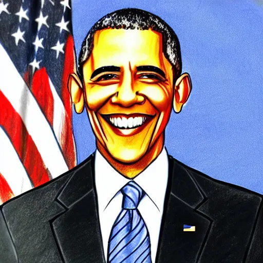 Image similar to a drawing of president obama, drawn by a five year old with crayons,