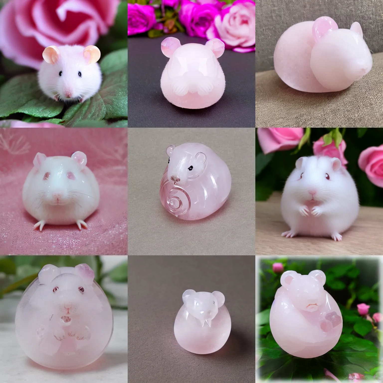 Prompt: crystal rose quartz hamster, made of pink rose quartz