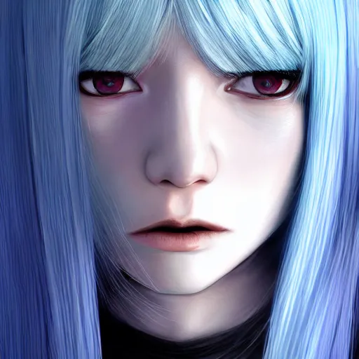 Image similar to imaginative painting of rimuru tempest, sky blue straight hair, long bangs, with amber eyes, wearing a black jacket, high collar, ultra detailed, brush strokes, skin texture, digital painting, cinematic, wlop artstation, closeup, pixiv, eerie, scary, intimidating glare, evil, junji ito, yoshitaka amano