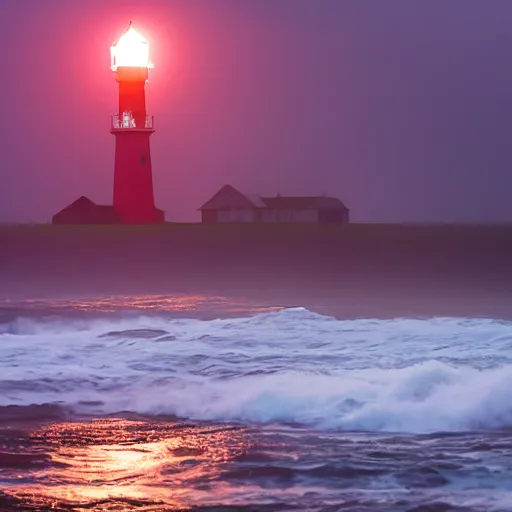 Image similar to stormy ocean at night, lighthouse in the background concealed by fog